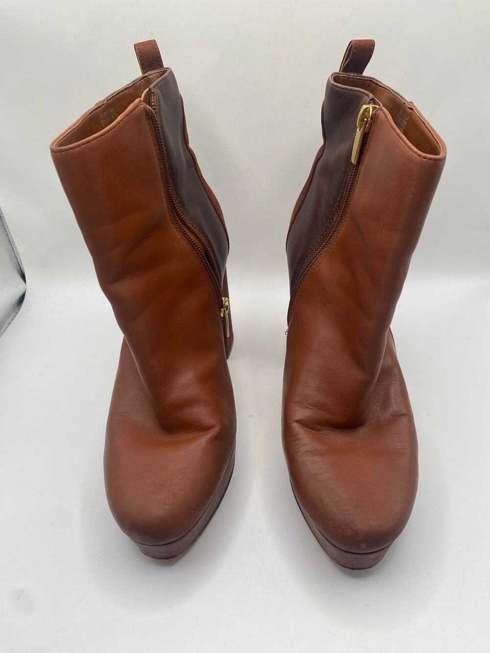 Vince Camuto 8.5M Leather Two Tone Brown Platform Ankle Boots Block Heel Zip